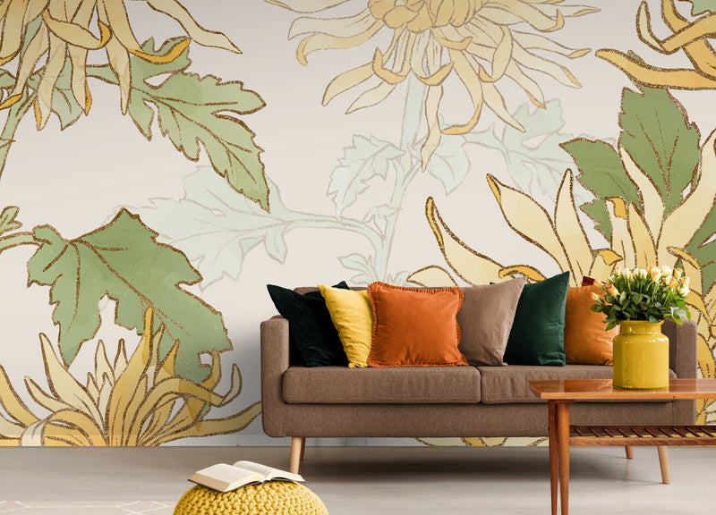 Papier peint Papier peint vintage floral jaune et vert élégante et