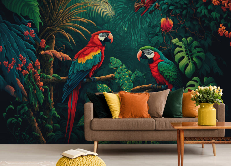 Papier peint Papier peint plantes fleuries et oiseaux luxuriant de apporte