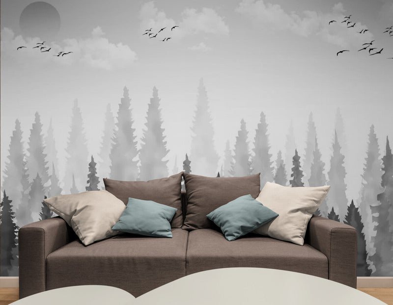 Papier peint Papier peint noir et blanc forêt et oiseaux minimaliste et scandinave,