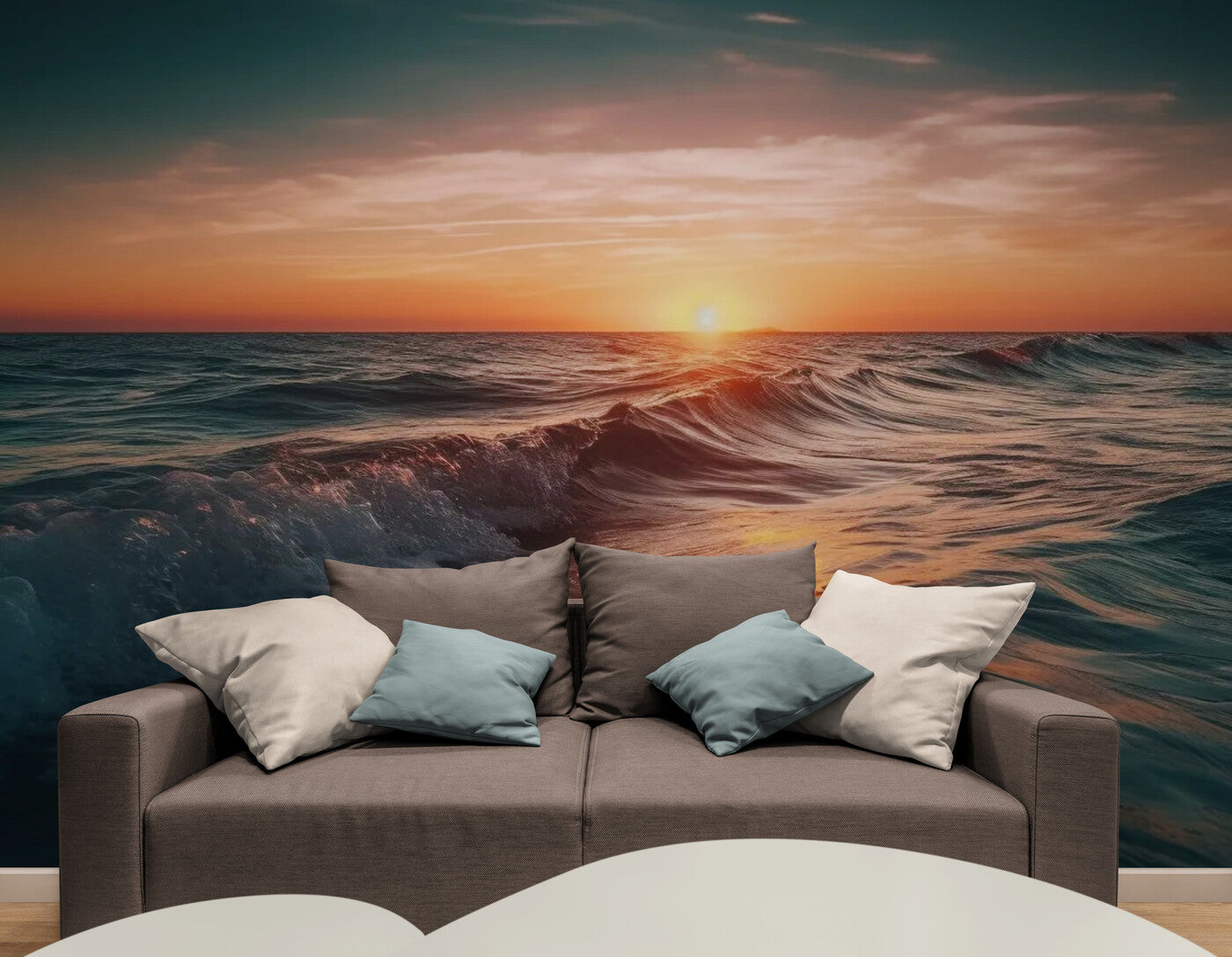 Papier peint Papier peint panoramique coucher de soleil et vagues évoque une chaudes.