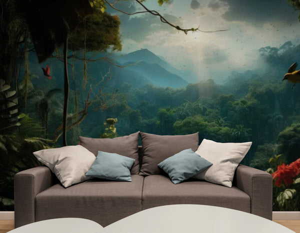 Papier peint Papier peint panoramique montagne à travers la jungle tropicale offre une tropicale