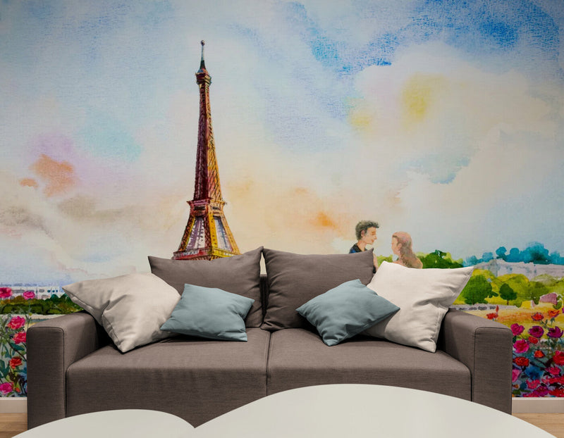 Papier peint Papier peint panoramique tour eiffel et amoureux douces et poétique