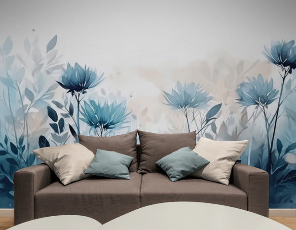 Papier peint Papier peint panoramique fleurs bleu floral délicat japonais