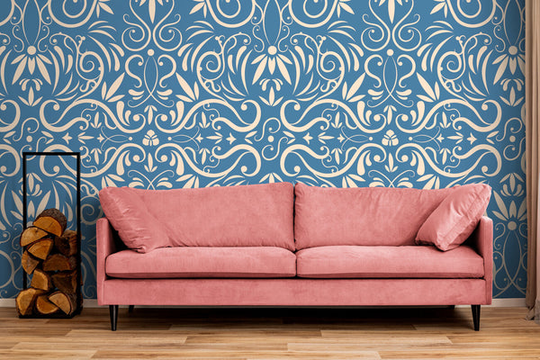 Papier peint Papier peint baroque motif treillis bleu et blanc floral et baroque,