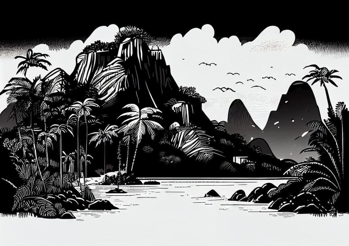 Papier peint paysage panoramique tropical noir et blanc