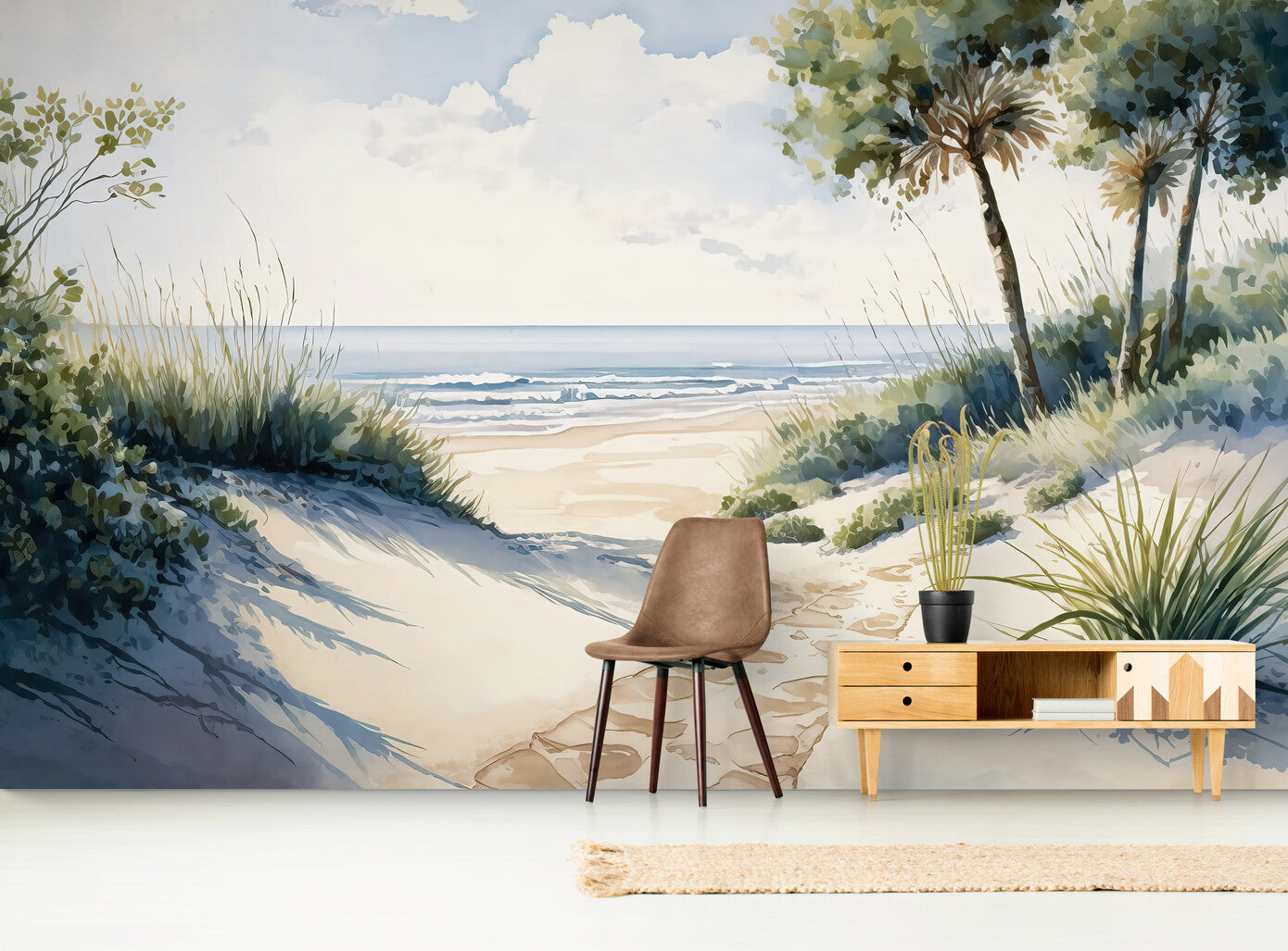 Papier peint Papier peint promenade bord de plage offre une aquarelle,