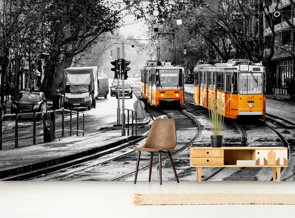 Papier peint Papier peint tramway jaune dans une rue noir et blanc réaliste. orange des