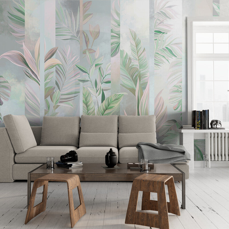 Papier peint Papier peint fleuri rose et vert tropical délicat, bohème,