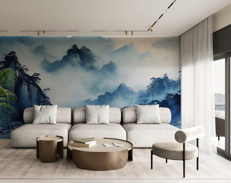 Papier peint Papier peint japonais montagnes bleues sous la brume offre un élégant