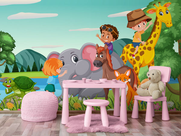 Papier peint Papier peint animaux savane et enfant vives créent cartoon