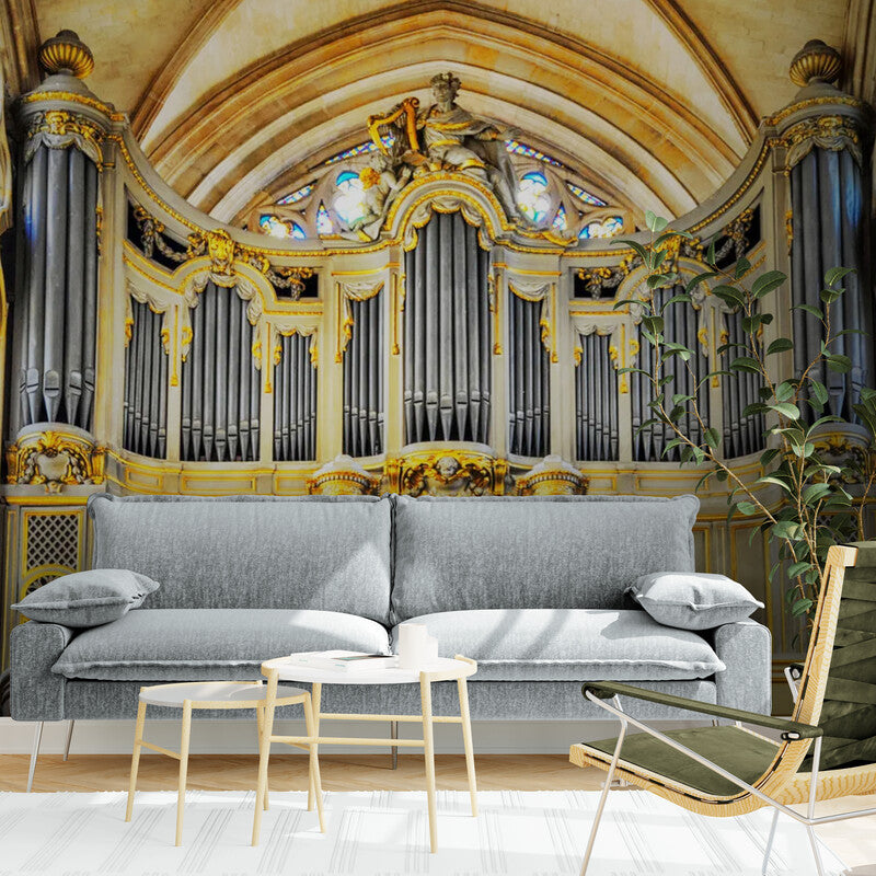 Papier peint Papier peint panoramique pilliers blancs et orgue majestueux d'orgue solennelle