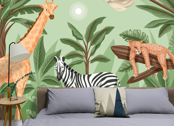 Papier peint Papier peint  jungle tropicale léopard, zèbre et girafe enchanteur de aux