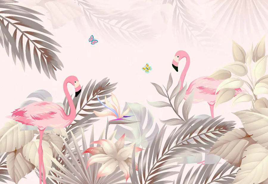 Papier peint enfant forêt tropicale et flamants roses