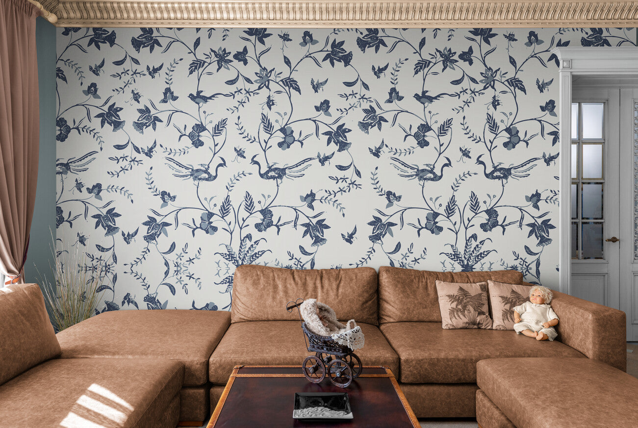 Papier peint Papier peint fleurs bleu vintage floral délicat, Chinois,