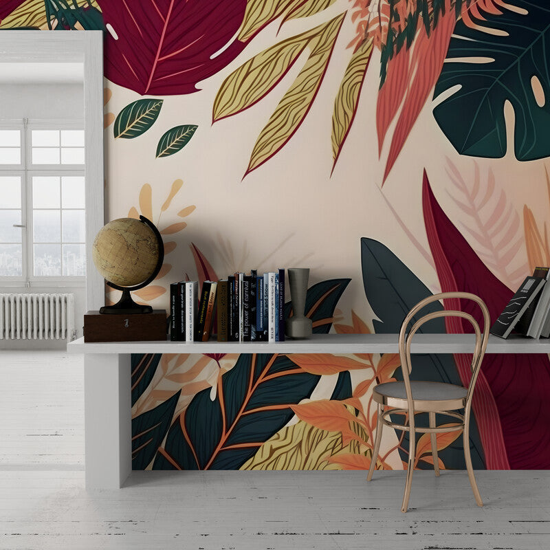 Papier peint Papier peint feuillage jungle fleuri luxuriant de graphique