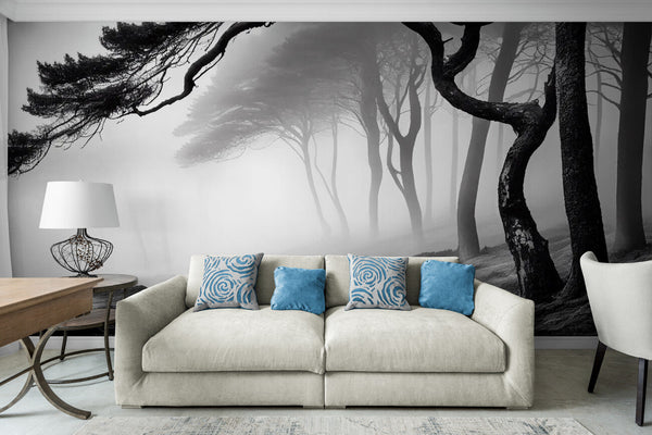 Papier peint Papier peint noir et blanc forêt brumeuse offre une japonais,