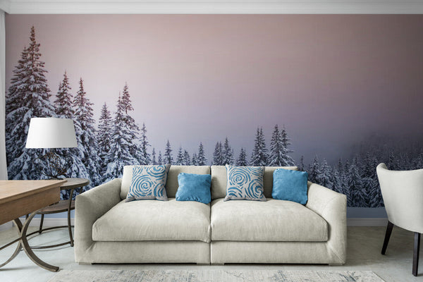 Papier peint Papier peint panoramique forêt enneigée évoque la hivernale