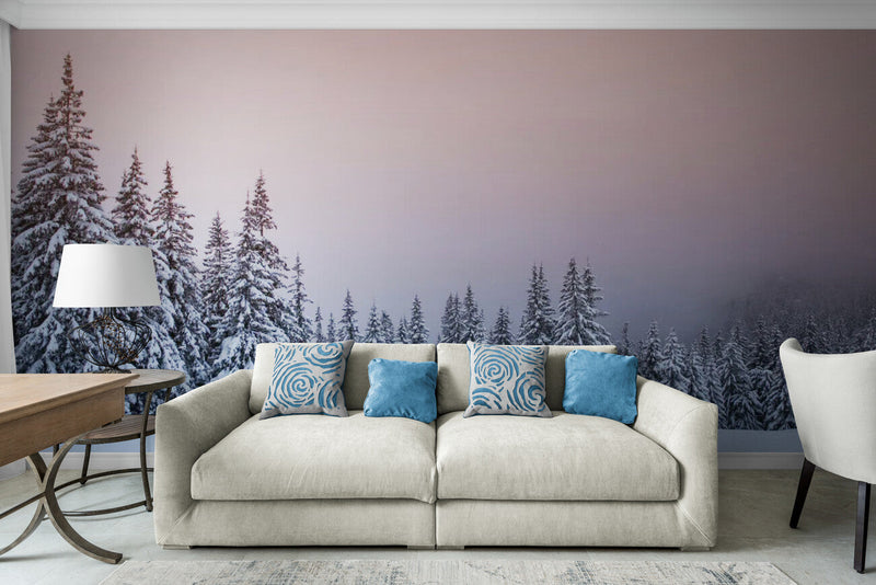 Papier peint Papier peint panoramique forêt enneigée évoque la hivernale