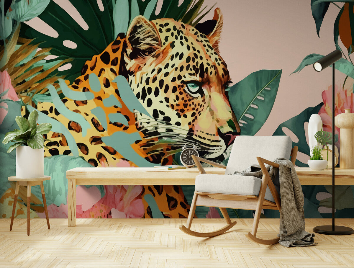 Papier peint Papier peint feuillage tropical et léopard vives inspirées graphique