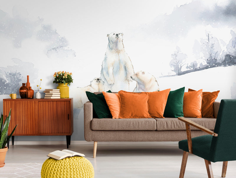 Papier peint Papier peint scandinave forêt enneigée et animaux aquarelle doux évoque