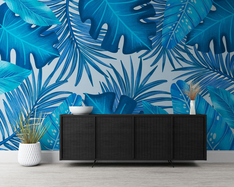 Papier peint Papier peint feuilles de palmier bleu luxuriant de audacieux