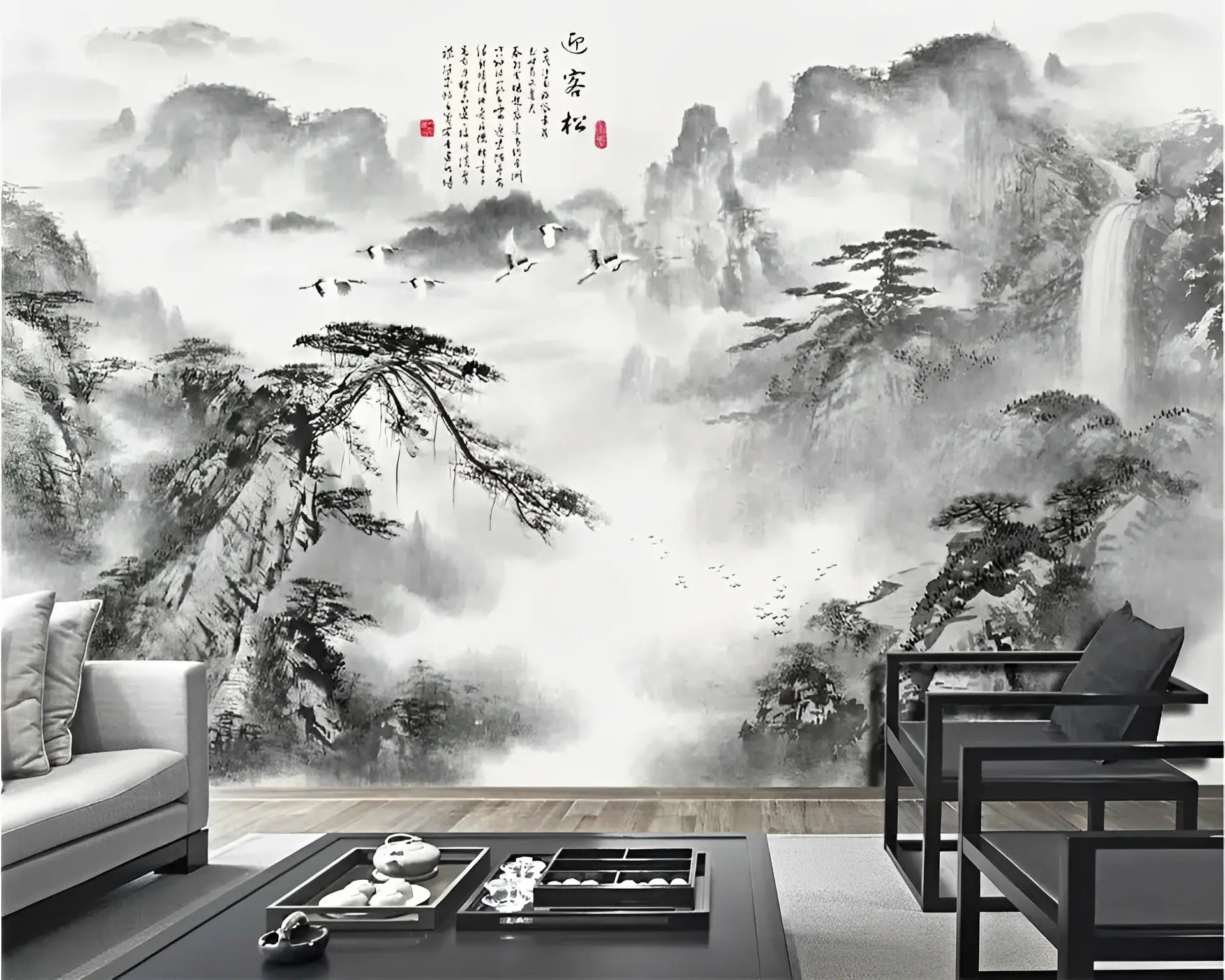 Panoramic black and white mountains wallpaper