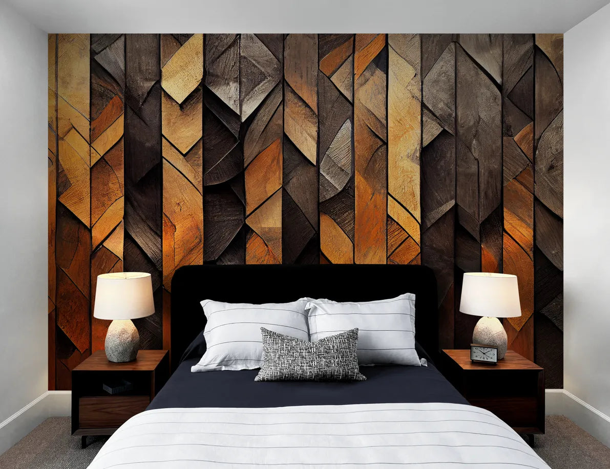 Papier peint géométrique en bois marron