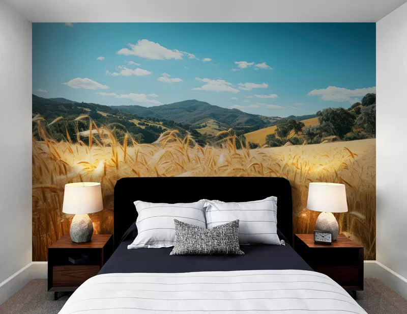 Panoramic wheat fields wallpaper
