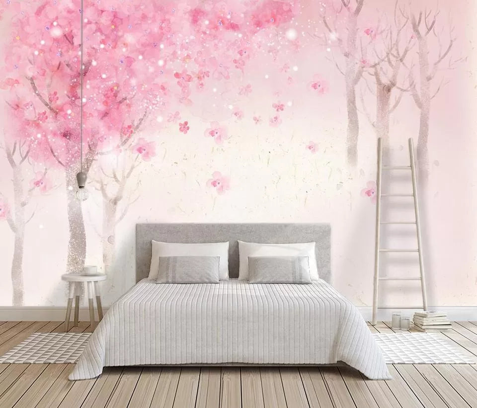 Child&#39;s wallpaper with blooming cherry trees