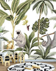 Panoramic wallpaper with toucan, sloth, and monkey animals
