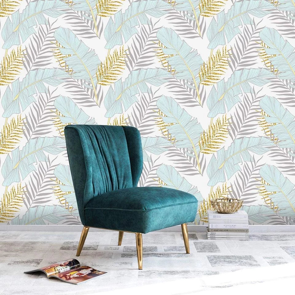 Tropical foliage wallpaper grey - blue and gold