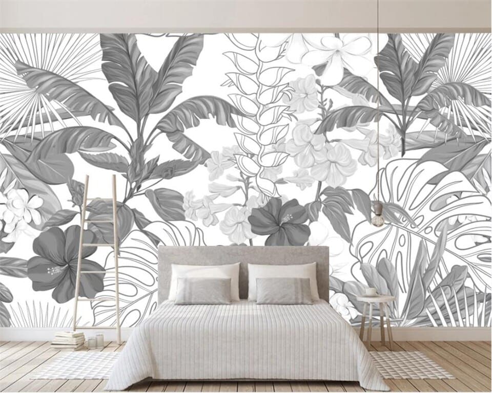 Black and white jungle foliage wallpaper