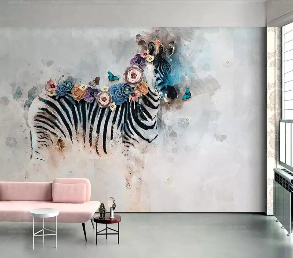 Vintage zebra and flowers wallpaper