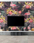 Tropical flowers and pink flamingos wallpaper
