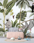 Panoramic wallpaper with toucan, sloth, and monkey animals