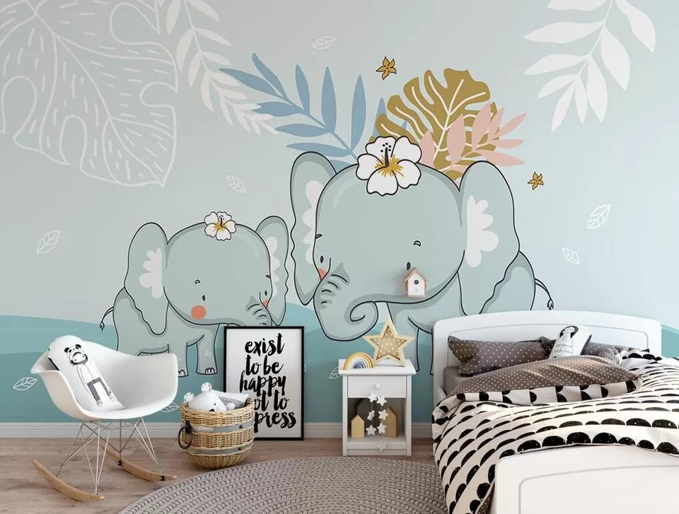 Child&#39;s wallpaper with a baby elephant in the water