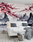 Panoramic Chinese mountain and cherry blossoms wallpaper