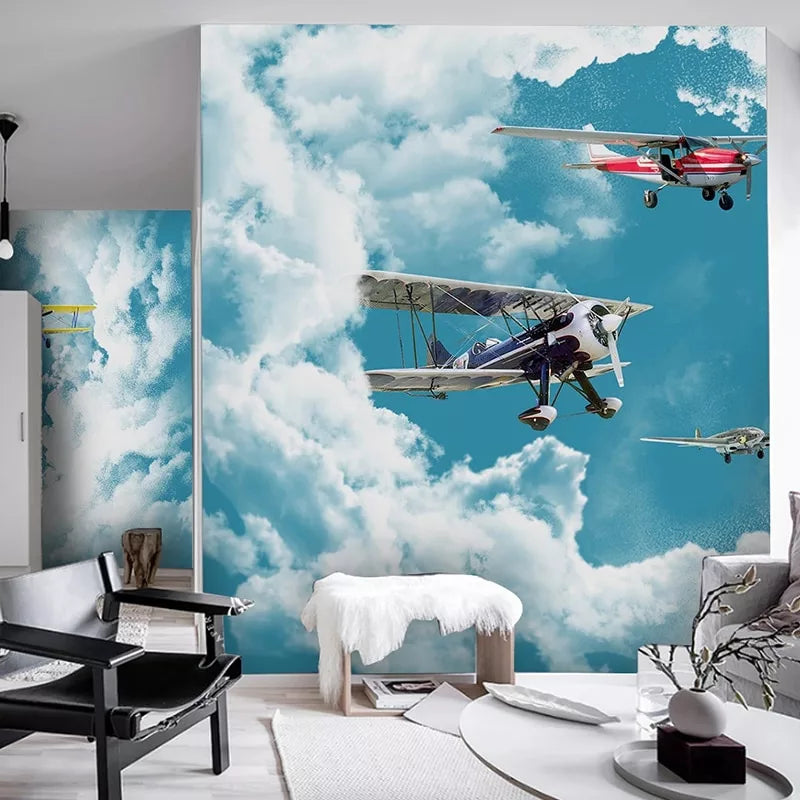 Child&#39;s wallpaper with airplanes and clouds