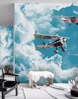 Child's wallpaper with airplanes and clouds