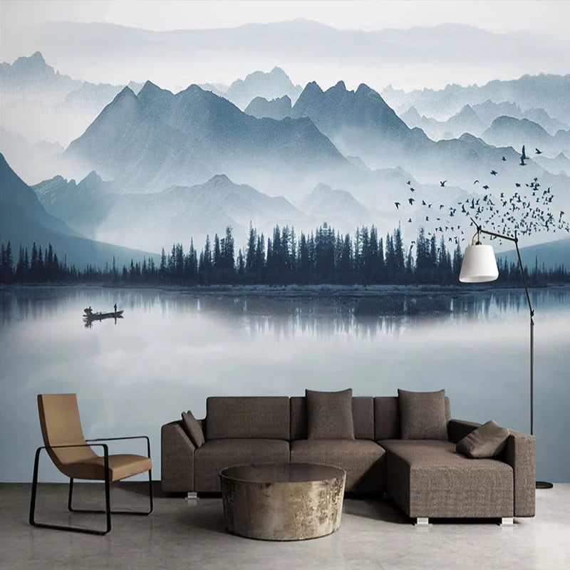 Lac et montagnes dans le papier peint paysage de brume