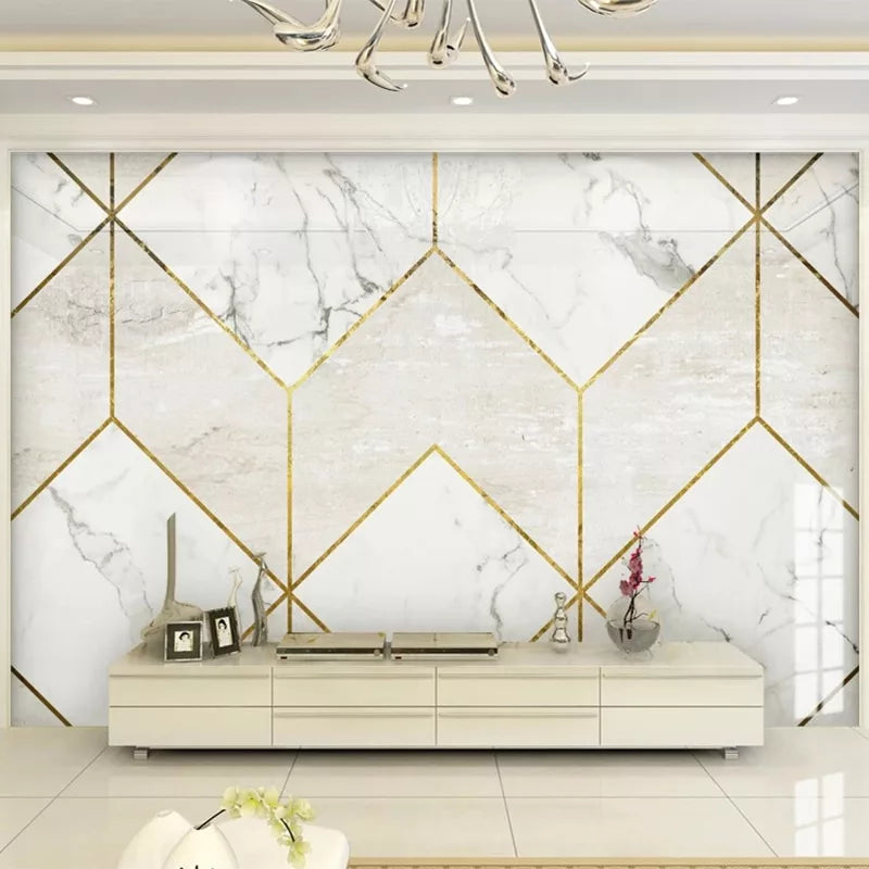 White marble and gold lines geometric wallpaper