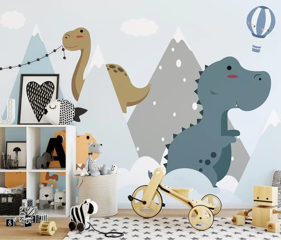 Children&#39;s wallpaper with dinosaurs and snowy mountains