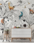 Papier peint forêt tropicale noir et blanc et animaux colorés