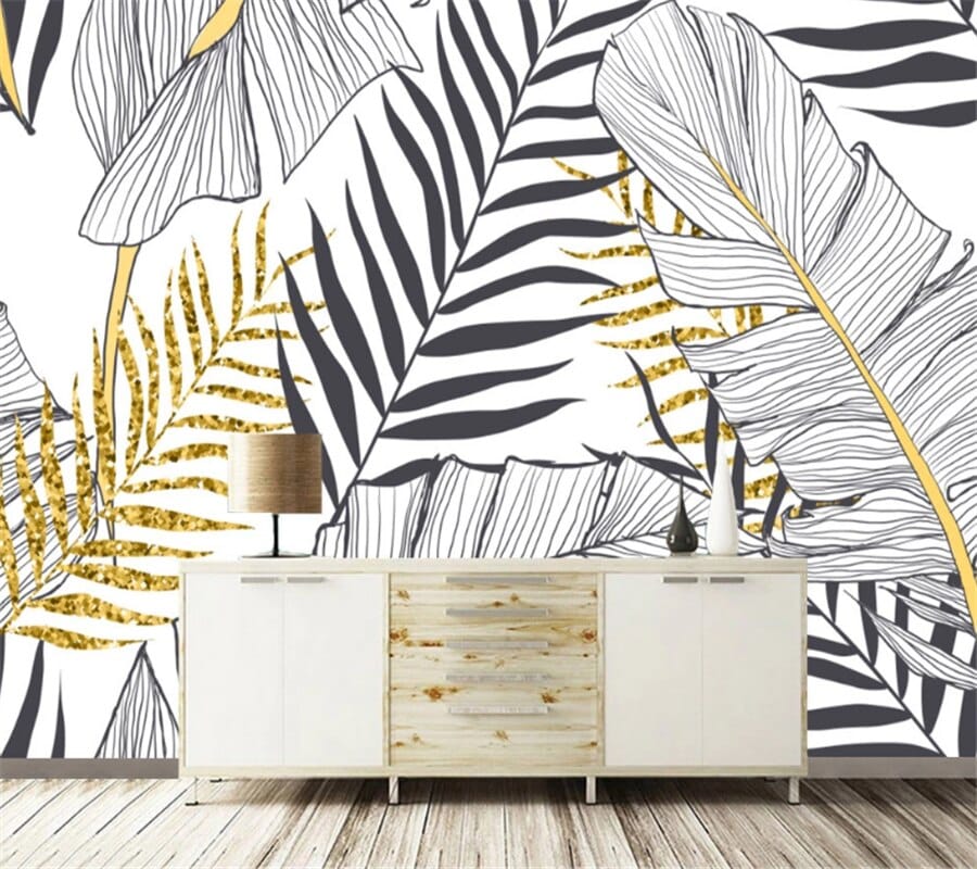 Gold and black tropical leaves wallpaper