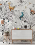 Black and white wallpaper tropical forest and colorful animals