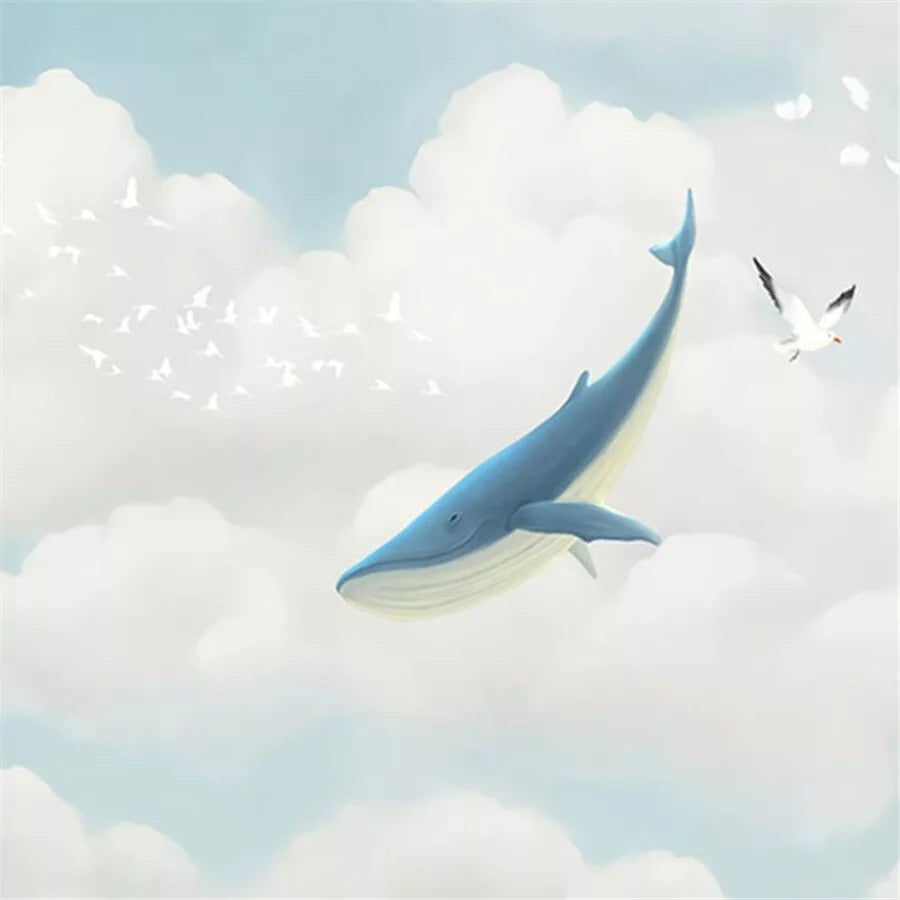 Papier peint enfant avec une baleine dans les nuages