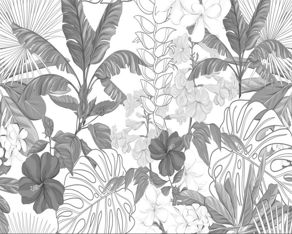 Papier peint feuillage de jungle noir et blanc