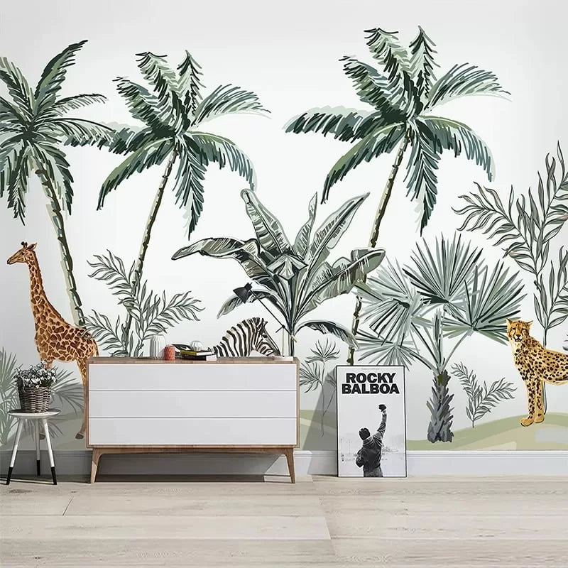 Tropical jungle wallpaper with leopard, zebra, and giraffe