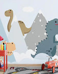 Children's wallpaper with dinosaurs and snowy mountains