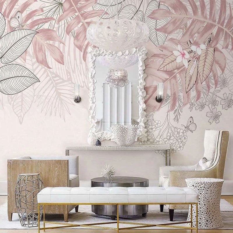 Pink tropical foliage wallpaper